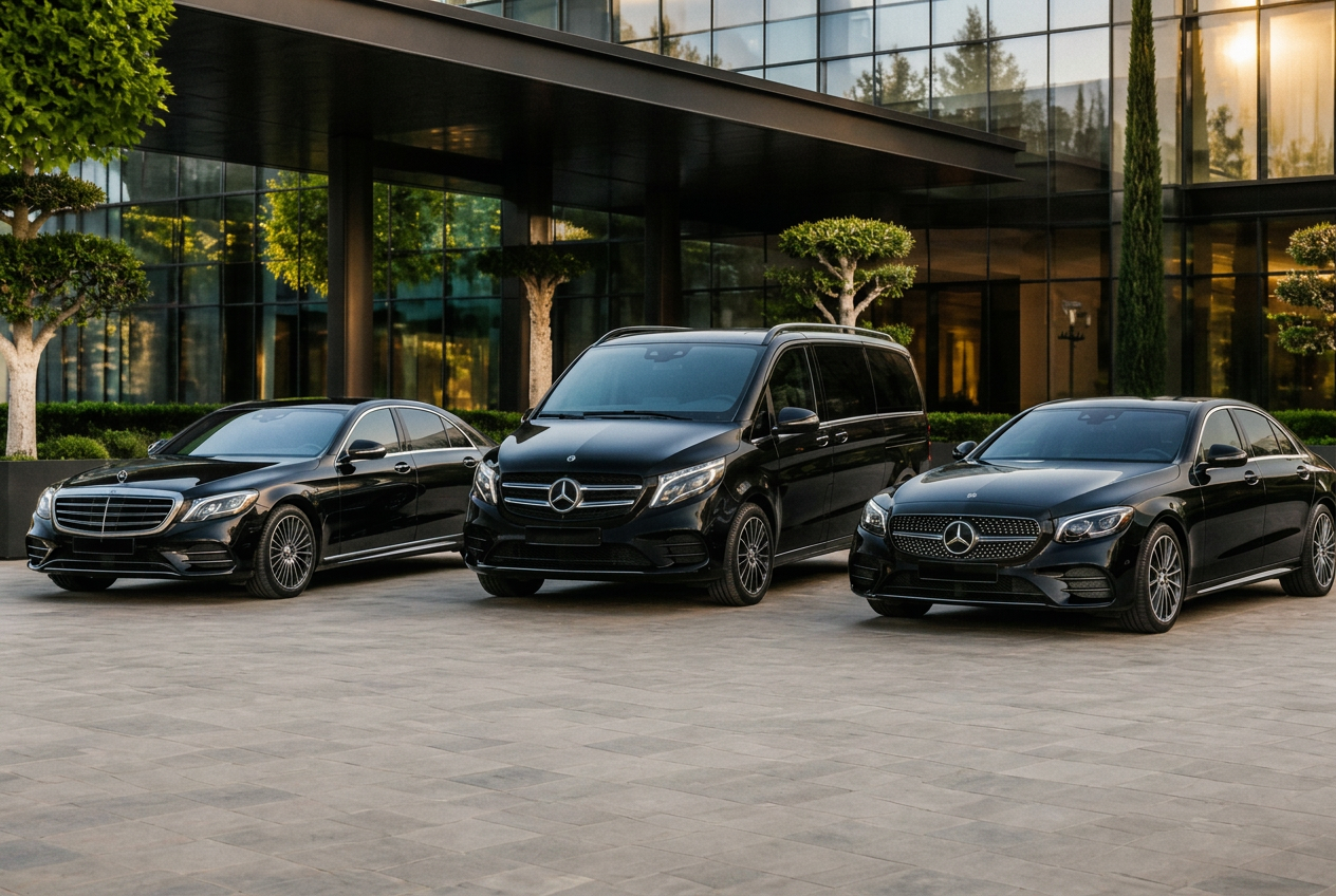 Flotte Mercedes modèle 2026 noire : berline Classe S, van Classe V et berline Classe E, gérée par l'application dispatch LimoDispatch